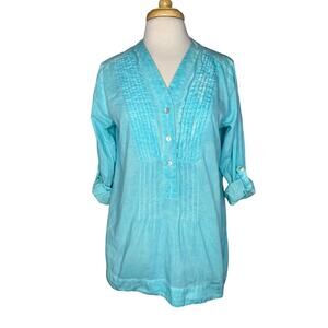 SOFT SURROUNDINGS Water Teal 3/4 Sleeve Pleated Popover Tunic Blouse Small